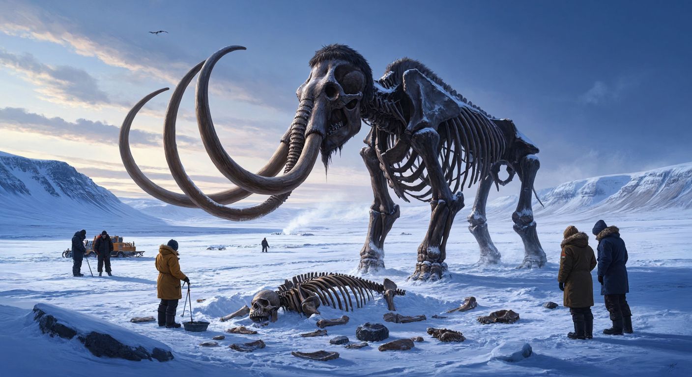 A frozen tundra landscape with a towering woolly mammoth skeleton half-buried in ice, surrounded by scientists in winter coats carefully examining fragments of ancient DNA under a pale blue sky.