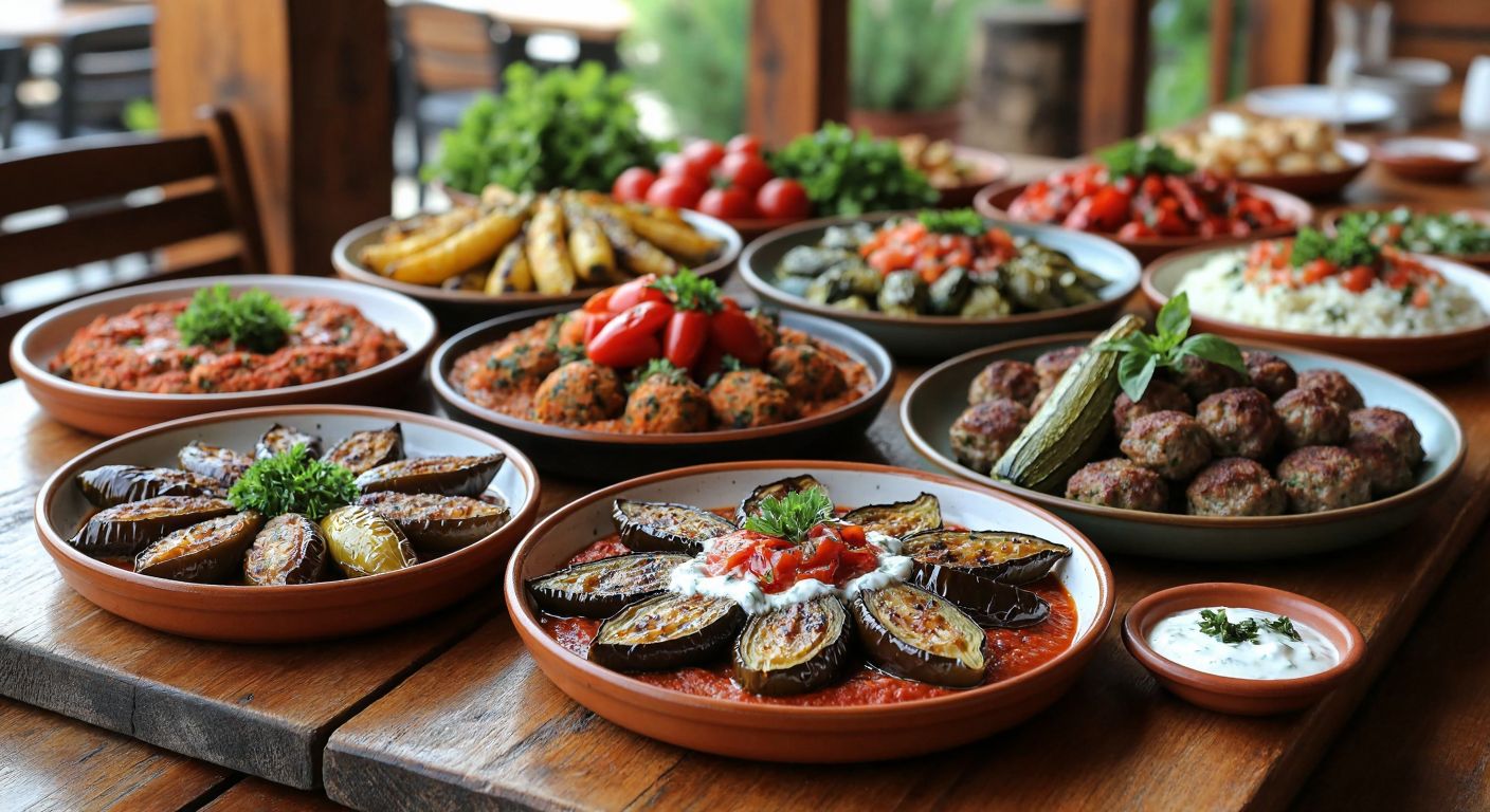 A rustic wooden table in Köyceğiz is laden with vibrant dishes: crispy fried eggplant and peppers drizzled with yogurt and tomato sauce (yoğurtlama), tender tandoori goat meat (oğlak tandır), delicate stuffed zucchini flowers (kabak çiçeği dolması), and golden-brown meatballs (Köyceğiz köftesi), evoking warmth and local culinary pride.