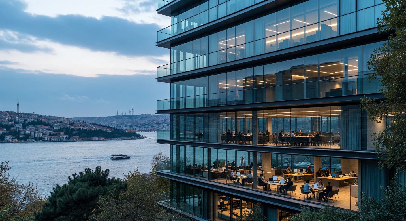 A modern office building in Istanbul with a sleek glass facade, framed by the Bosphorus in the background, and a bustling tech team inside discussing over laptops and documents.