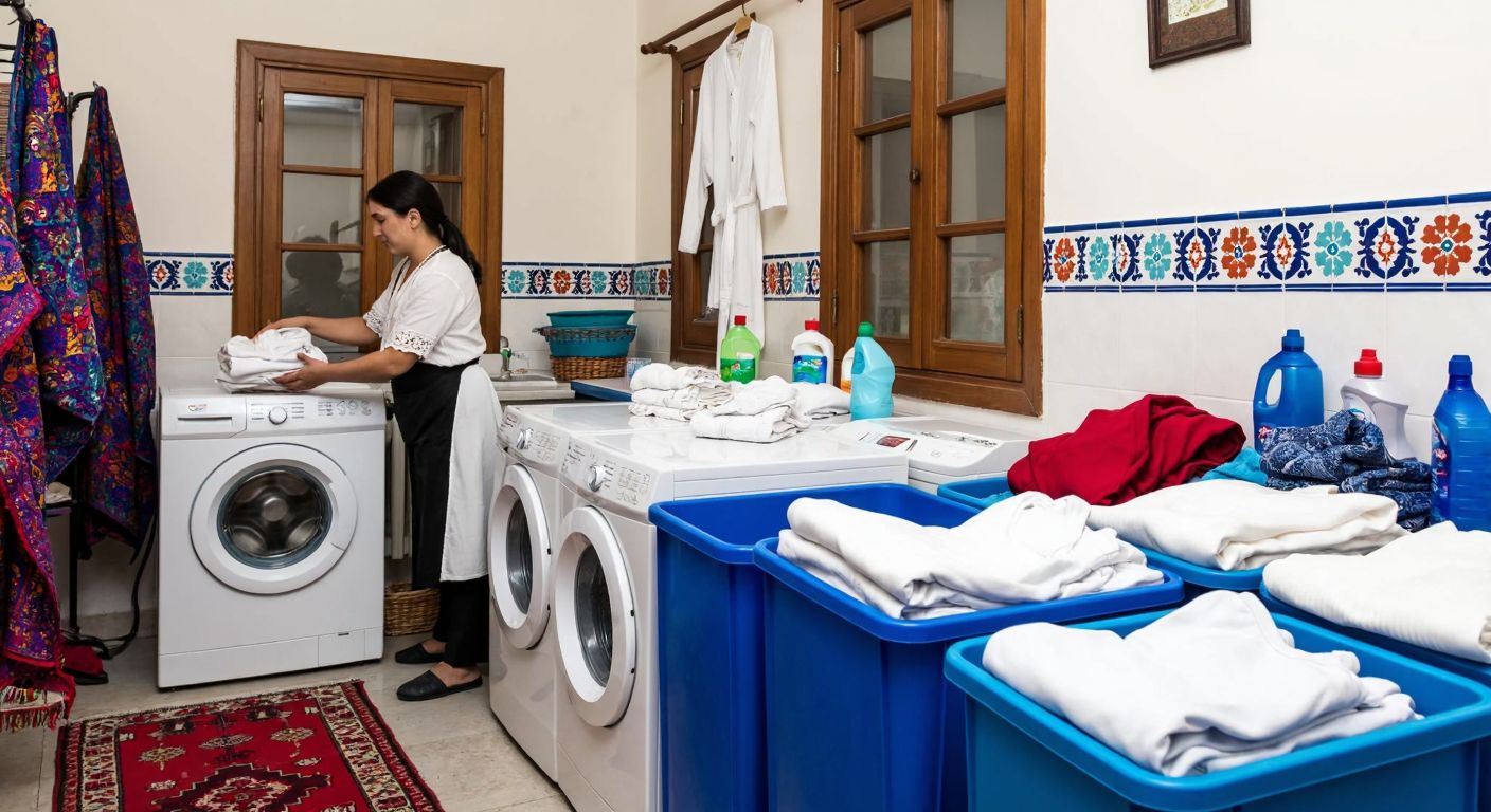 A traditional Turkish laundry room with a woman sorting white and colorful clothes beside a washing machine, surrounded by detergent bottles and neatly folded fabrics.