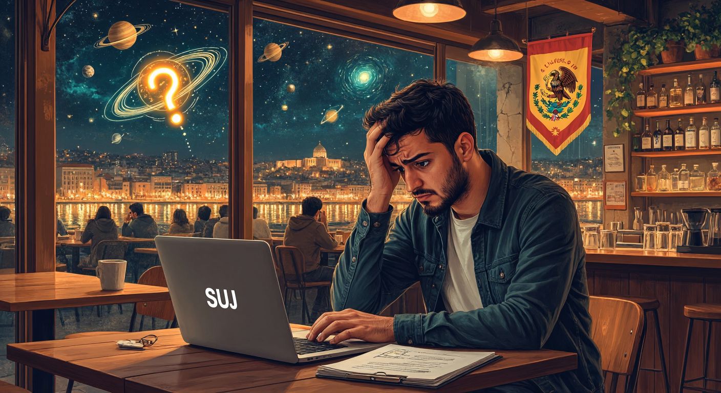 A puzzled Turkish man in a cozy café with a laptop, scratching his head while looking at a floating question mark above a glowing file labeled "SUJ," surrounded by abstract symbols representing astronomy, a Japanese university building, and a Mexican academic crest.