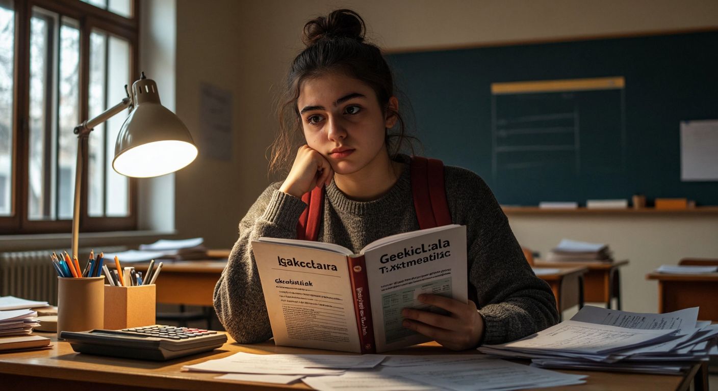 A young Turkish student in a classroom, pensively holding a Hocalara Geldik TYT Mathematics workbook, surrounded by scattered papers and a calculator, with a thoughtful expression under warm lamplight.