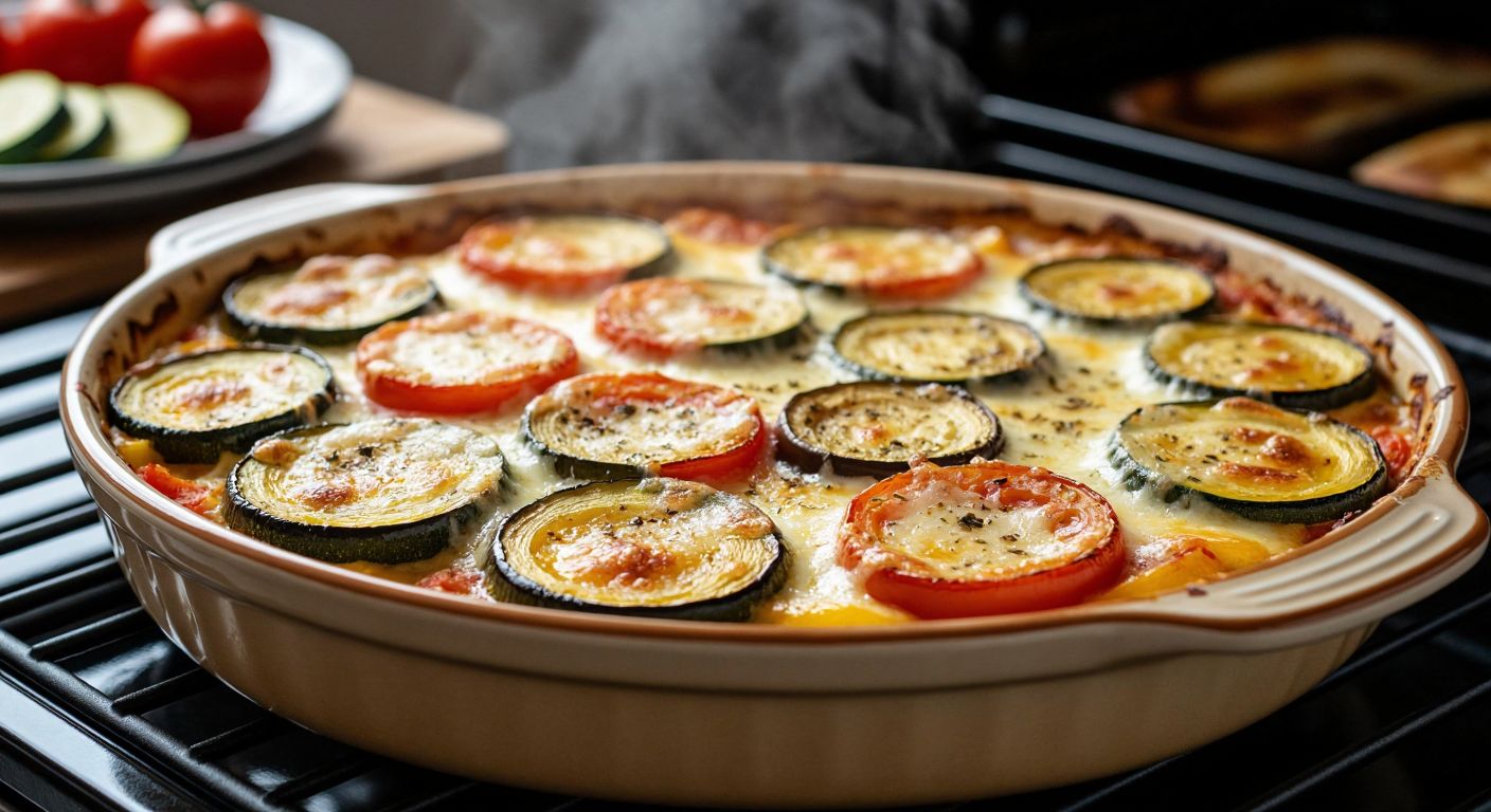 A bubbling golden vegetable gratin in a ceramic dish, fresh out of a warm oven, with steam rising and melted cheese stretching between slices of zucchini, eggplant, and tomatoes.