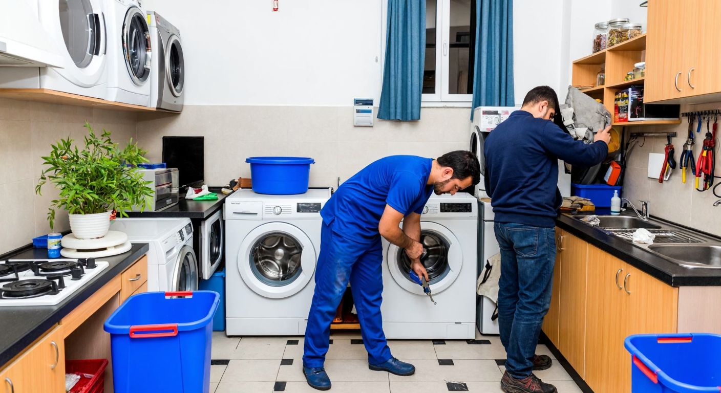 A bustling Turkish appliance repair shop with a skilled technician in a blue uniform fixing a washing machine, surrounded by tools, spare parts, and customers waiting with their broken appliances.