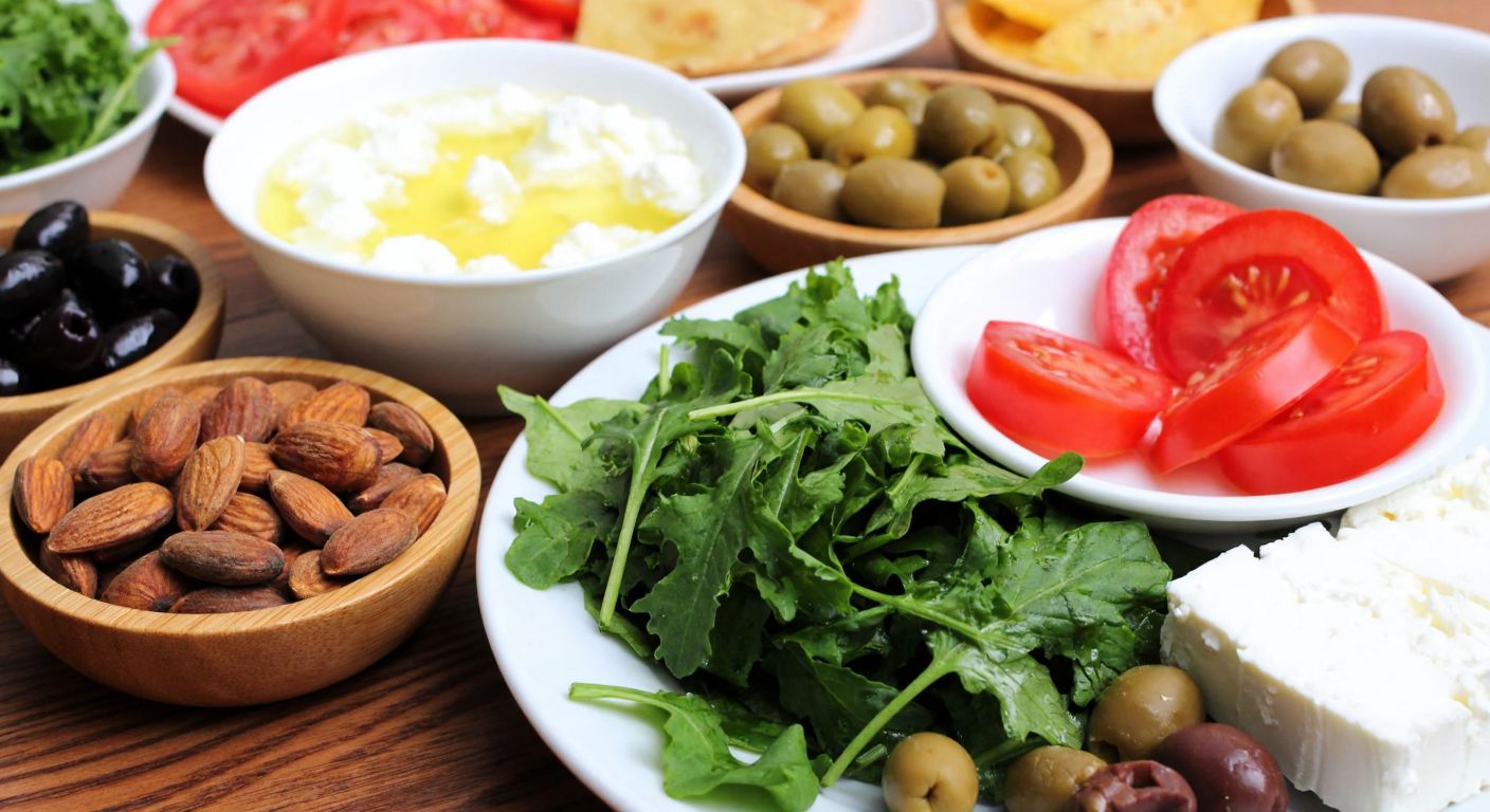 A vibrant Turkish breakfast spread featuring leafy greens, yogurt, olives, almonds, feta cheese, and fresh tomatoes on a wooden table, evoking balance and nourishment.