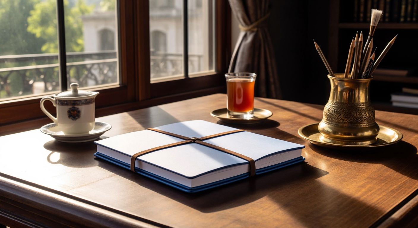 A sturdy, dark blue ciltli (bound) notebook with 160 crisp white pages lies open on a wooden desk in a sunlit Turkish office, surrounded by a steaming cup of çay and a traditional brass pencil holder.