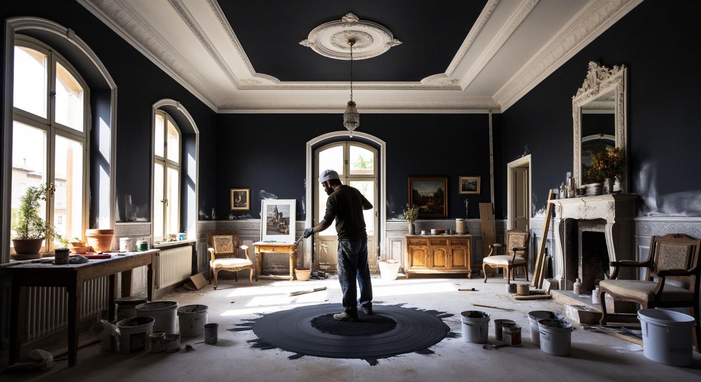A Turkish craftsman carefully painting a high ceiling black with a wide roller, surrounded by scattered paint cans and decorative plaster moldings, in a sunlit room with traditional wooden furniture.