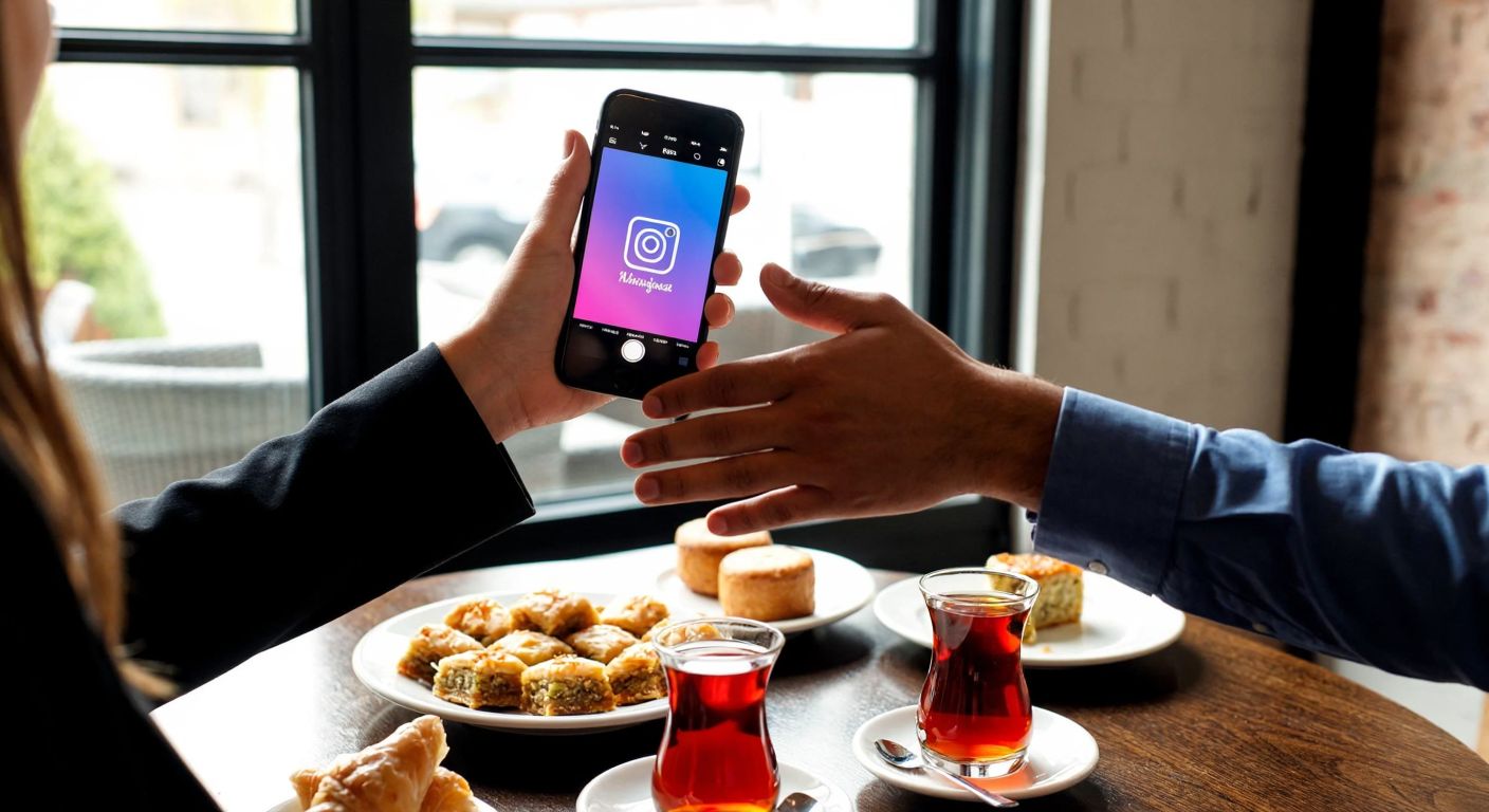 A vibrant Turkish café scene where two businesspeople, one holding a smartphone displaying a colorful Instagram post, shake hands over a table adorned with traditional Turkish tea and baklava, symbolizing a brand collaboration.