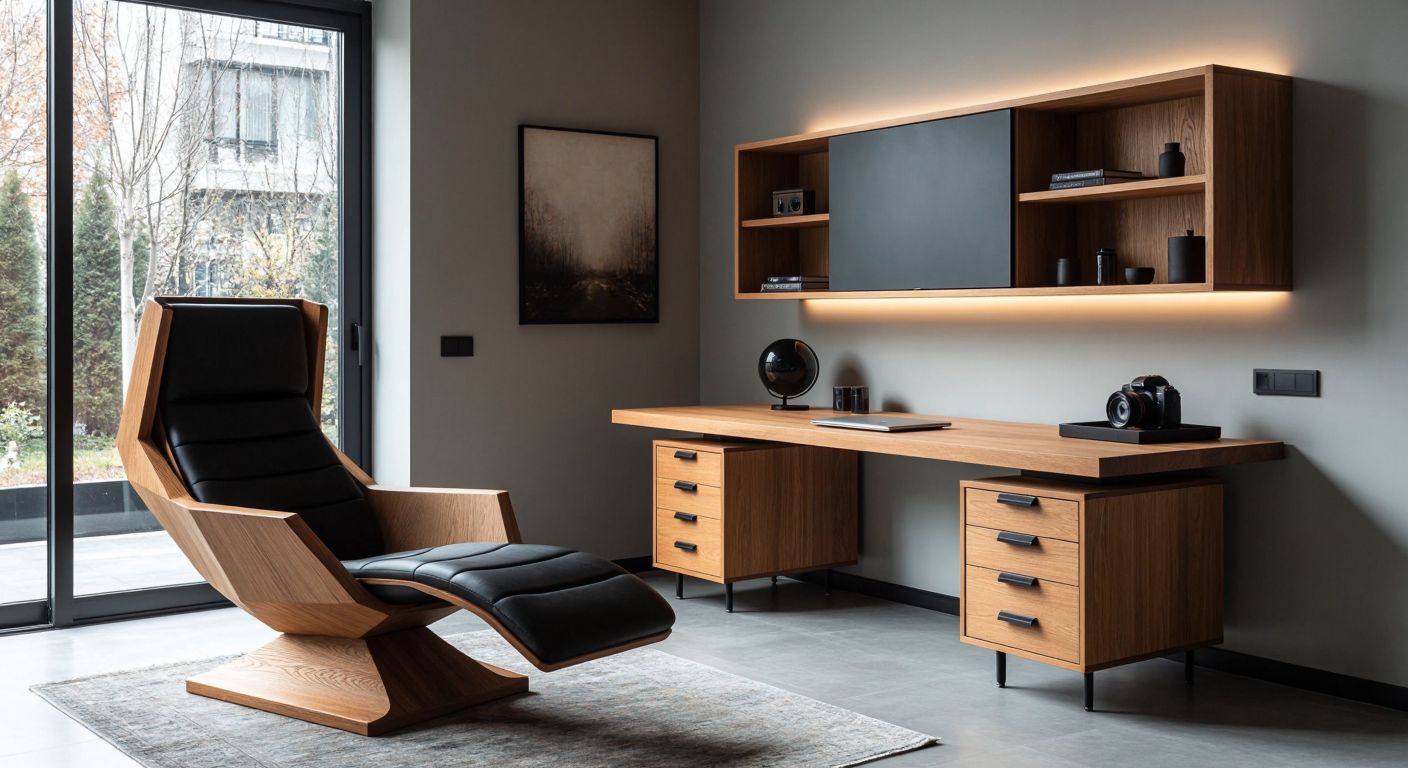 A sleek, modern office space in Turkey features a coffin-shaped chair, a wall-mounted folding desk resembling abstract art, a layered wooden-and-glass table evoking depth, a ladder-shaped oak shelf, vintage trunk-style cabinets, a skateboard ramp doubling as seating, and a camera-lens-shaped dish on a minimalist desk.