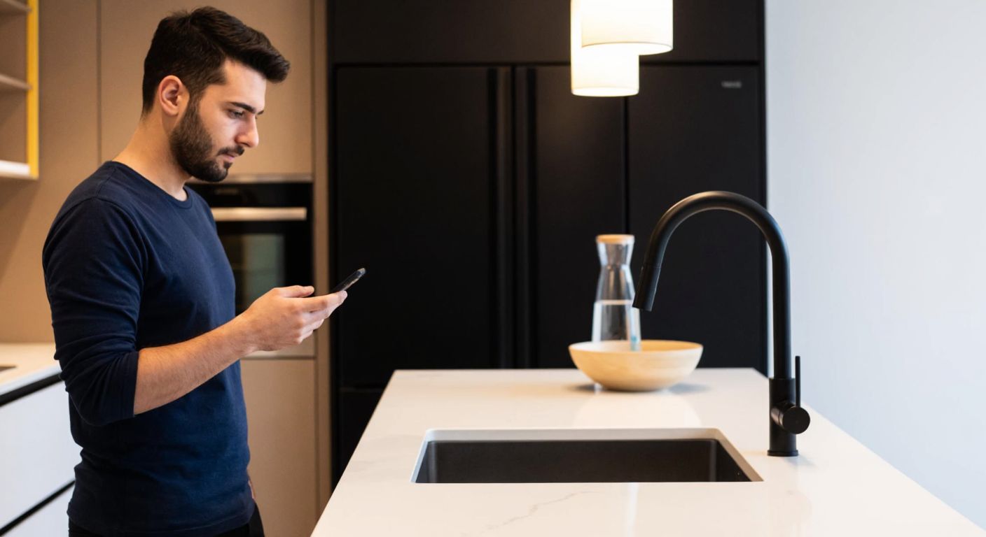 A person in a modern Turkish home kitchen, holding a smartphone while standing near a sleek Vitra-branded sink, with a focused expression as they search for nearby stores.