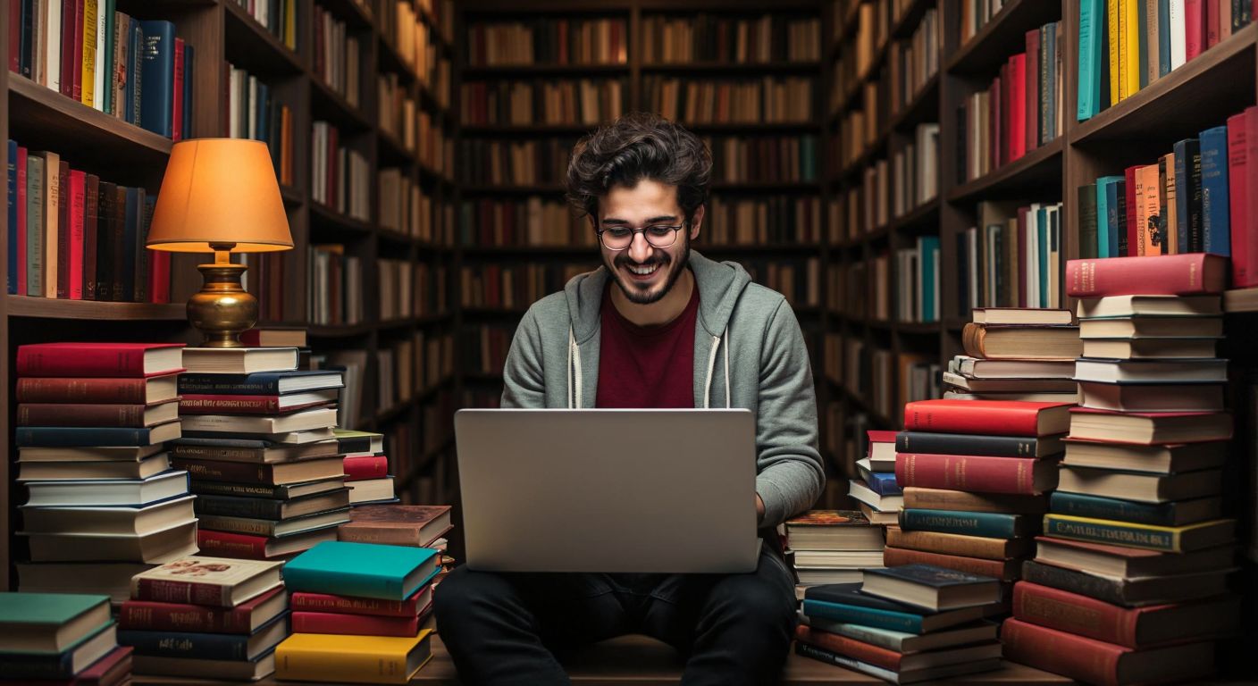 A Turkish person browsing a colorful online bookstore on their laptop, surrounded by neatly stacked books with a mix of excitement and hesitation on their face.