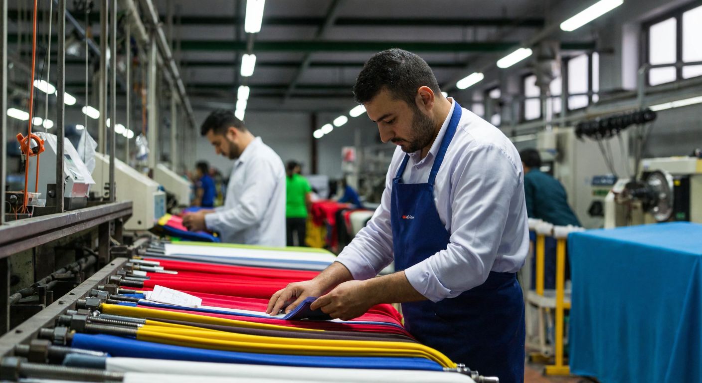 A Turkish accountant in a bustling textile factory meticulously examines bolts of fabric (direct cost) while a supervisor oversees maintenance workers repairing machinery in the background (indirect cost).
