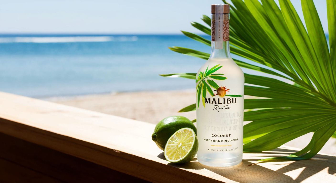 A clear glass bottle of Malibu coconut rum resting on a sunlit wooden bar next to a sliced lime and a tropical leaf, evoking a relaxed beachside vibe.