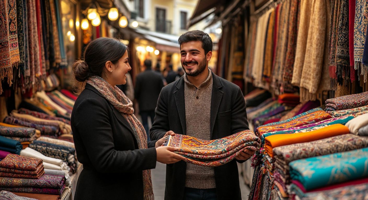 A smiling salesperson in a Turkish bazaar enthusiastically presenting colorful textiles to a curious customer, surrounded by vibrant fabrics and warm lighting.