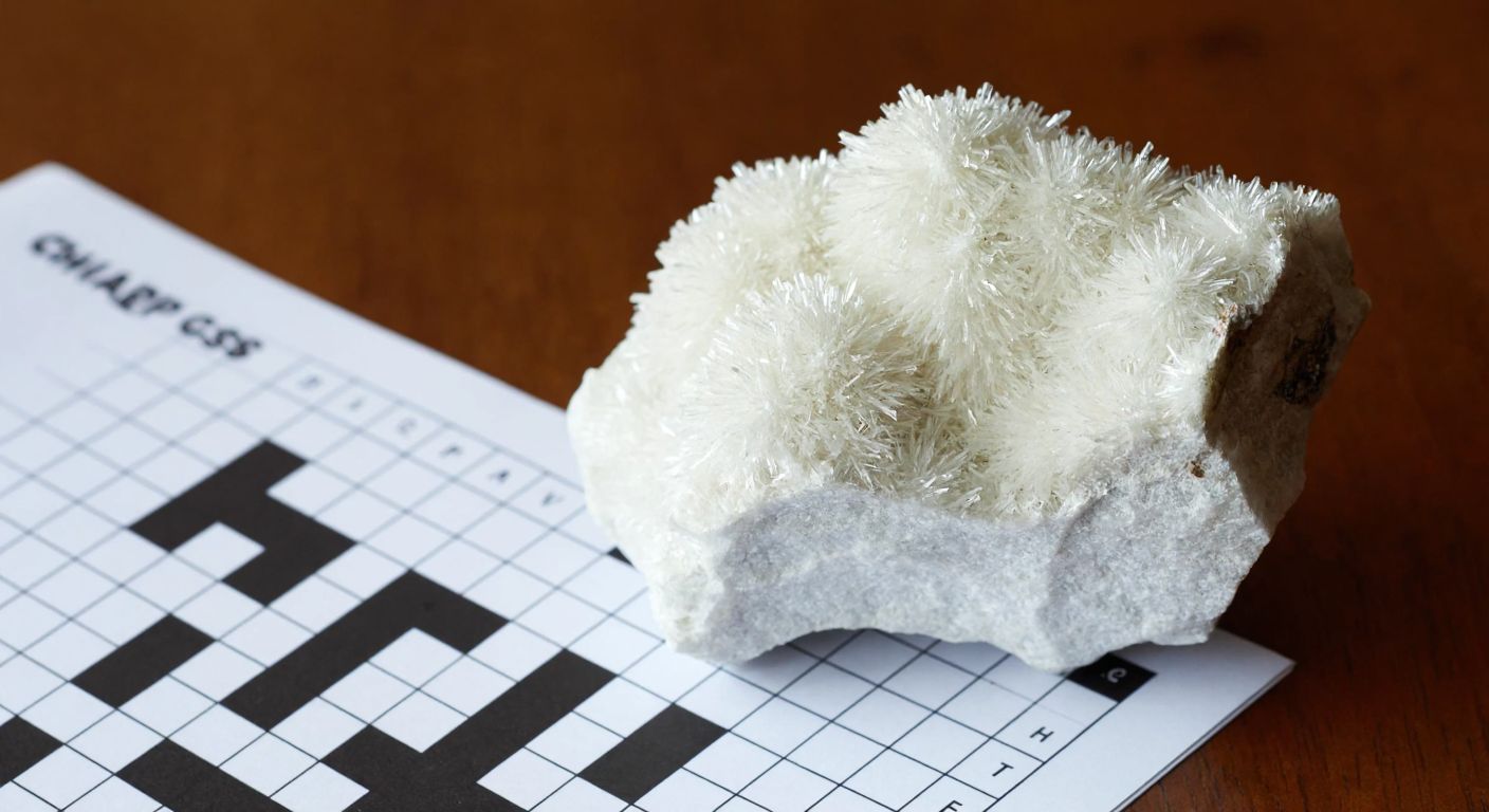 A close-up of a white, fibrous mineral sample (amyant) resting on a wooden table with a crossword puzzle partially visible beside it.
