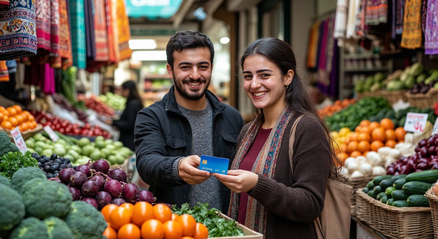 A smiling Turkish shopper confidently hands a blue bank card to a cashier at a bustling local market, with fresh produce and colorful textiles in the background.