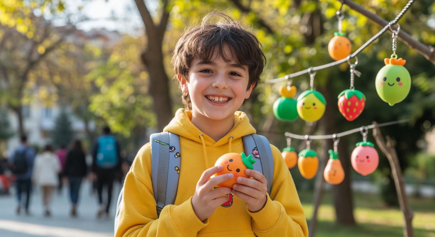 A smiling young person in Turkey squeezes a soft, colorful squishy keychain shaped like a cartoon fruit, their backpack adorned with similar playful trinkets.