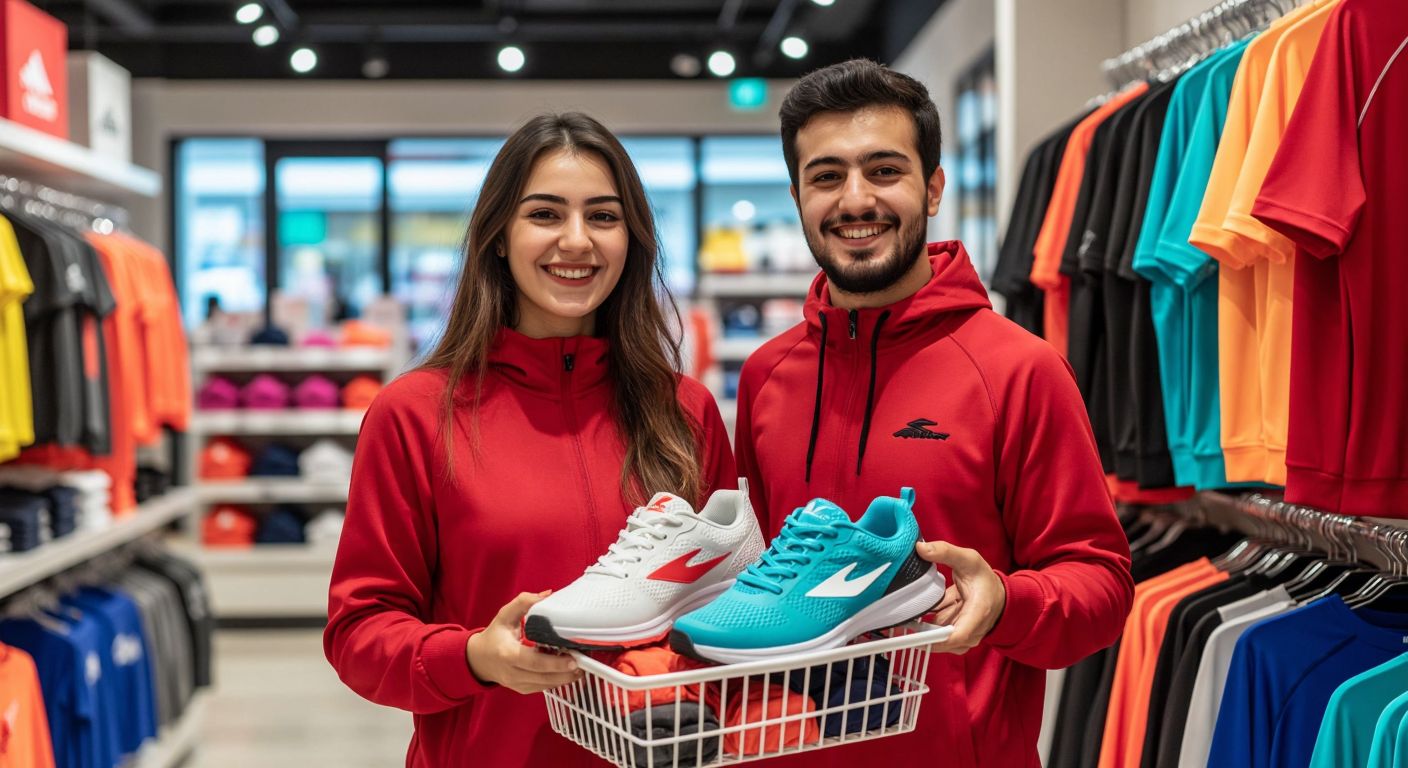 A cheerful Turkish shopper in a bright store holds two Slazenger sports shoes, smiling as they place one pair into a shopping basket while the other pair rests nearby, surrounded by colorful athletic apparel.