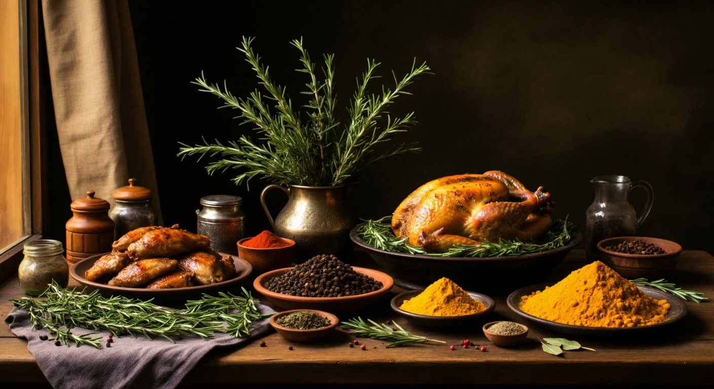 A rustic Turkish kitchen counter displays an array of aromatic spices—rosemary, bay leaves, thyme, and turmeric—next to a plump, golden-brown roasted chicken, evoking warmth and culinary curiosity.