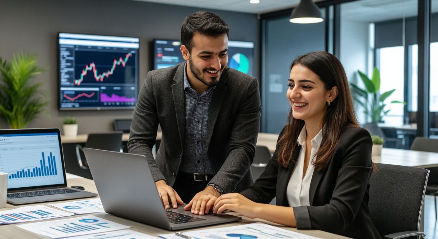 A professional Turkish accountant in a modern office analyzes financial documents while a customer service representative assists a client with a warm smile, surrounded by digital graphs and a laptop displaying banking data.
