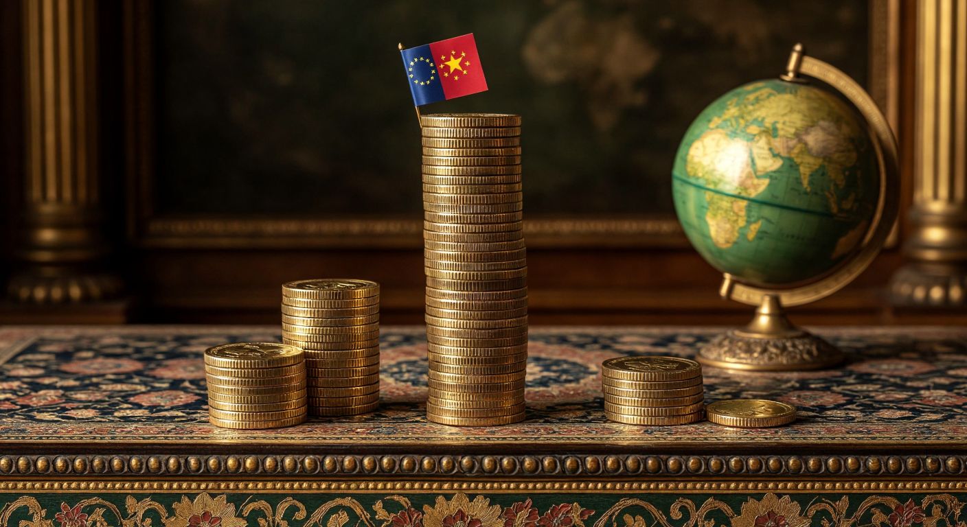 A towering stack of gold coins with miniature national flags (like the US, EU, and China) embedded in them, casting a long shadow over a globe resting on an ornate Ottoman-style table.