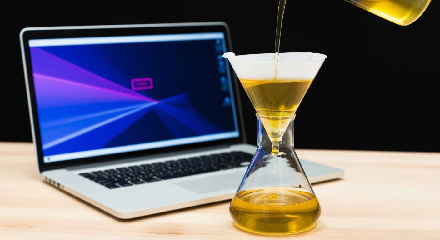 A clear glass funnel with golden viscous liquid slowly dripping into a beaker on a wooden lab table, while a laptop displaying abstract code sits beside it, symbolizing both fluid viscosity measurement and software size estimation.