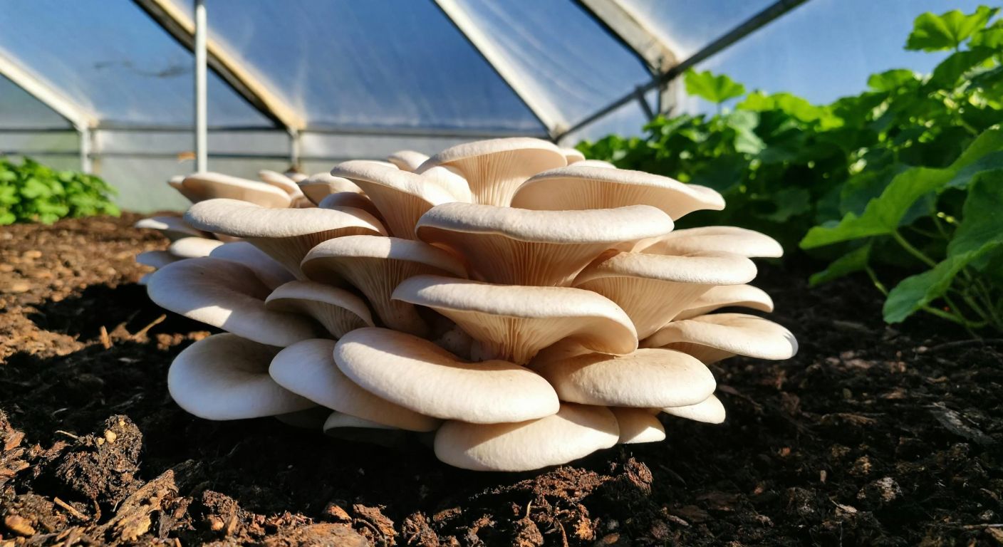 A close-up of fresh, clustered **Pleurotus sajor-caju** oyster mushrooms growing on a damp, nutrient-rich compost bed in a Turkish greenhouse, with warm sunlight filtering through the plastic sheeting.