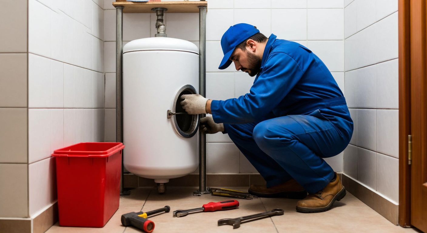 A Turkish technician in a blue work uniform carefully replaces a corroded water heater heating element in a small, tiled bathroom, with tools scattered on the floor and a new replacement part still in its box.