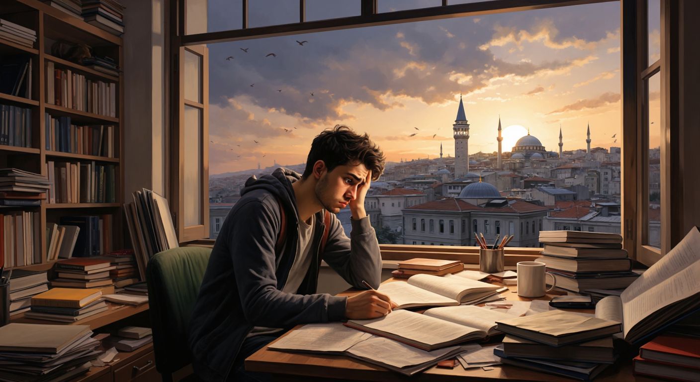 A stressed university student in Istanbul sits at a cluttered desk with books and papers, staring anxiously at a failing grade report while a distant clock tower looms outside the window.