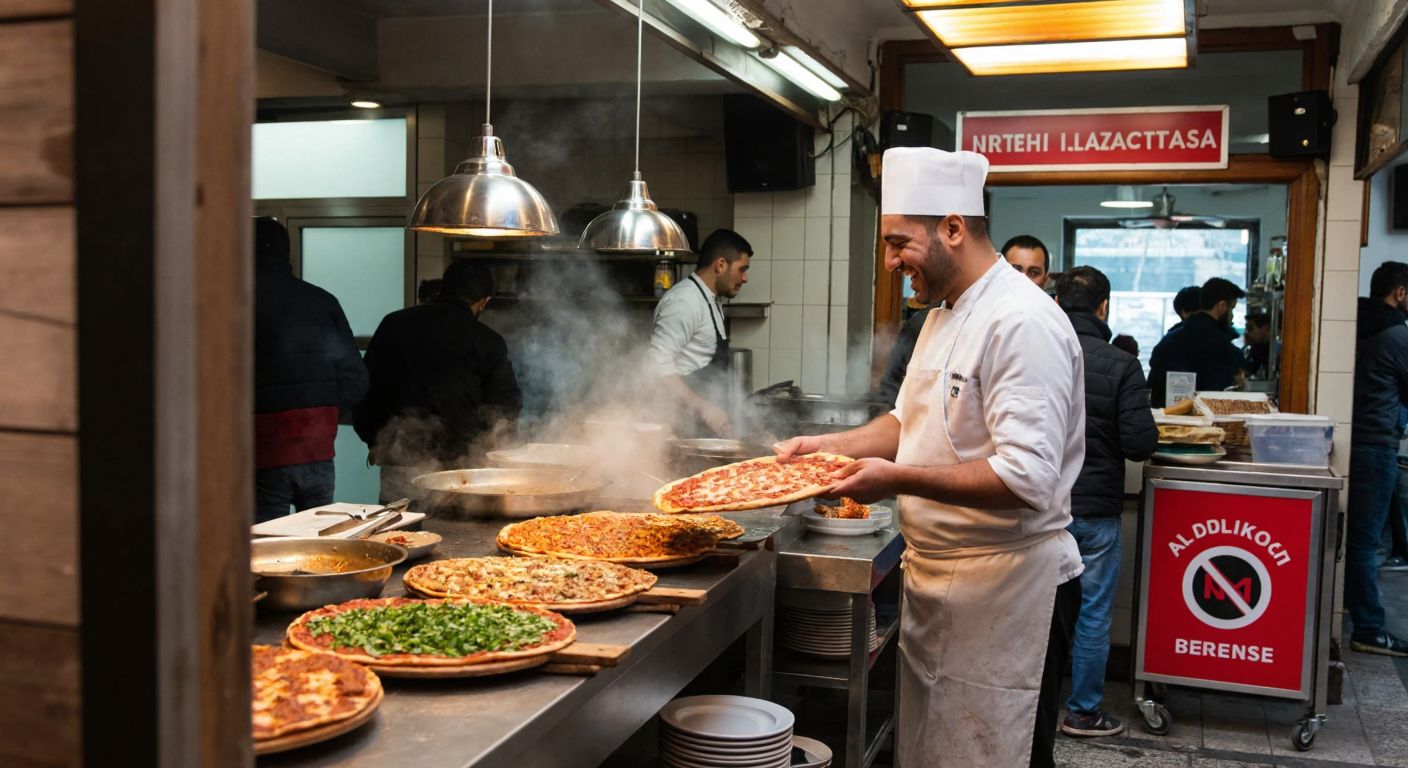 A bustling Turkish pide shop in Beşiktaş with steam rising from freshly baked lahmacun, a smiling chef in a white apron serving customers, and a sign-free counter displaying no alcoholic beverages.