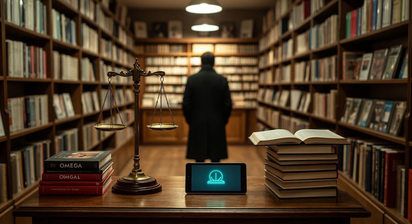 A balanced scale rests on a wooden desk in a cozy Turkish bookstore, with stacks of Omega Yayınları books on one side and a glowing customer review tablet on the other, while a shadowy figure in the background subtly hints at ethical concerns.