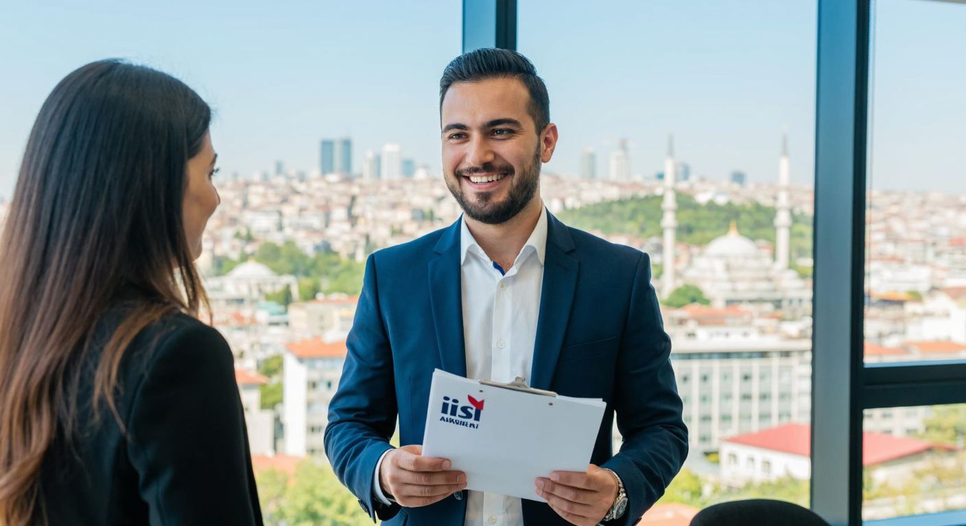 A confident Turkish businessman in a modern office, holding a document with the İş Bankası logo, smiling while discussing financial growth with a colleague against a backdrop of Istanbul's skyline.