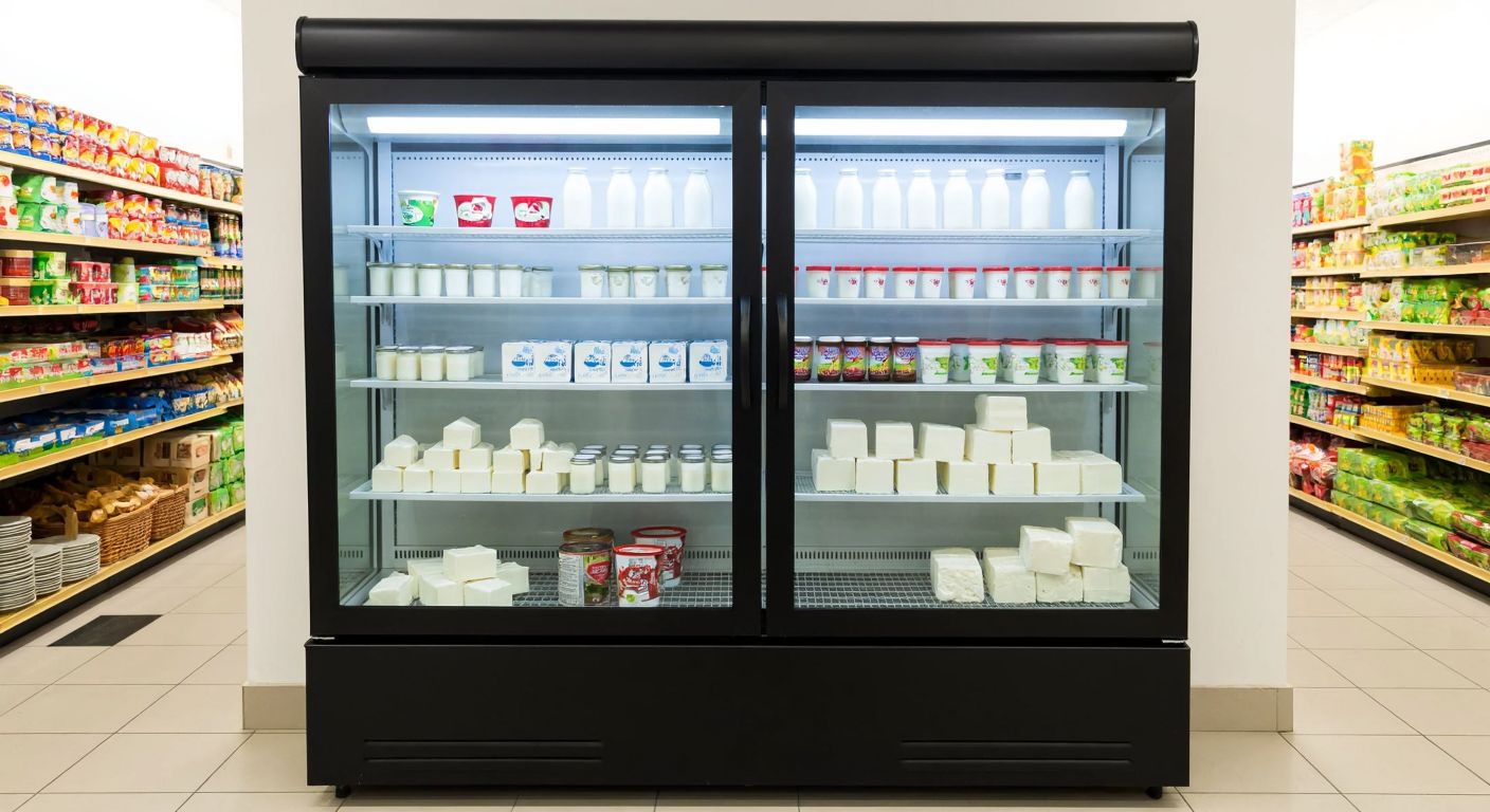 A sleek, glass-fronted refrigerated display case with sliding doors, filled with fresh milk bottles, yogurt containers, and white cheese blocks, standing in a bright Turkish grocery store.