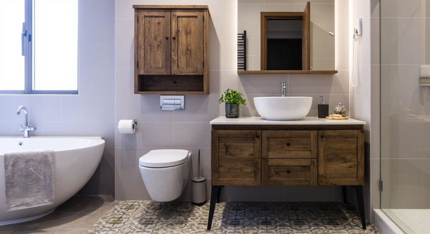 A modern Turkish bathroom with a sleek wall-mounted cabinet saving space beside a sink, contrasted by a rustic wooden cabinet with legs standing on a tiled floor, reflecting the choice between practicality and traditional style.