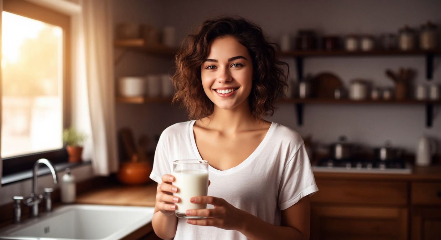 A young woman with a warm smile holds a glass of fresh milk against a cozy kitchen backdrop, embodying both the social media creator's presence and the nourishing qualities of milk.