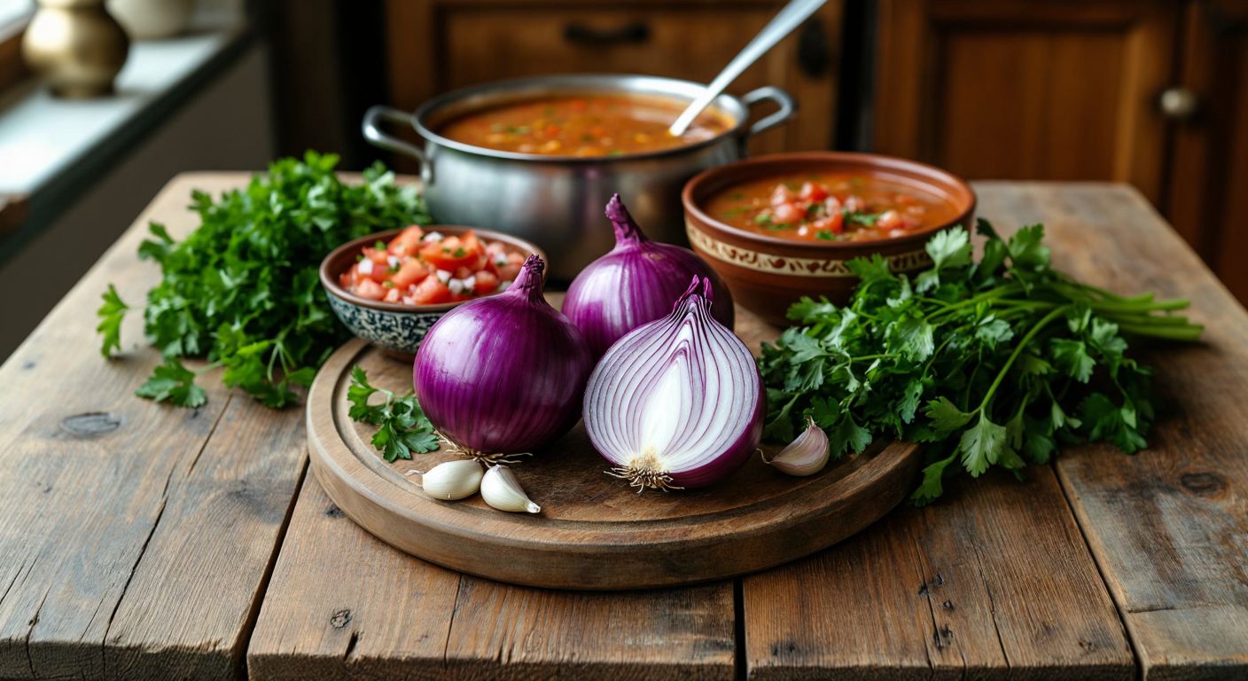 A rustic wooden table in a Turkish kitchen displays two halved onions side by side—one with deep purple outer layers and crisp white insides, the other entirely pale white—surrounded by fresh parsley, a bowl of chopped tomatoes, and a simmering pot of soup in the background.