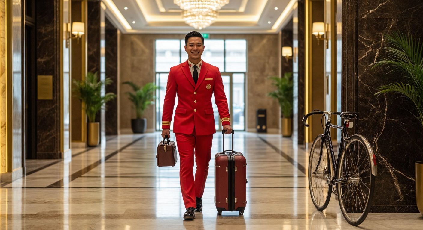 A smiling bellboy in a crisp red uniform carries a suitcase through a grand hotel lobby with marble floors and golden accents, while a sleek bicycle with a shiny bell rests against a modern Dutch design studio wall.