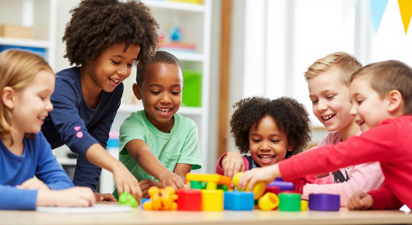 A group of cheerful young children, aged around 4-7, playing together with colorful toys in a bright, lively classroom, their faces lit with joy as they interact and learn.