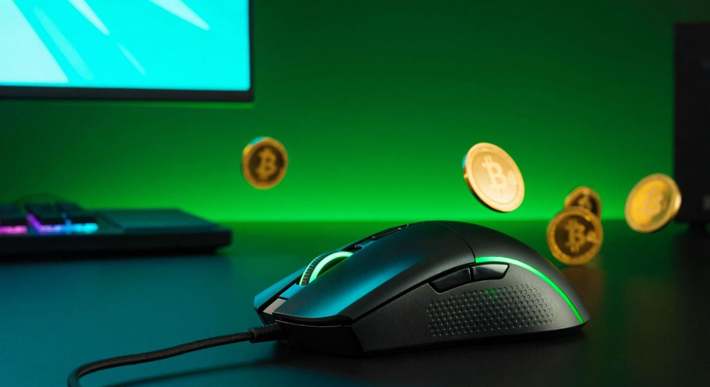 A sleek Razer gaming mouse glowing with neon green light on a dark desk, surrounded by shimmering gold and silver digital coins floating in the air.