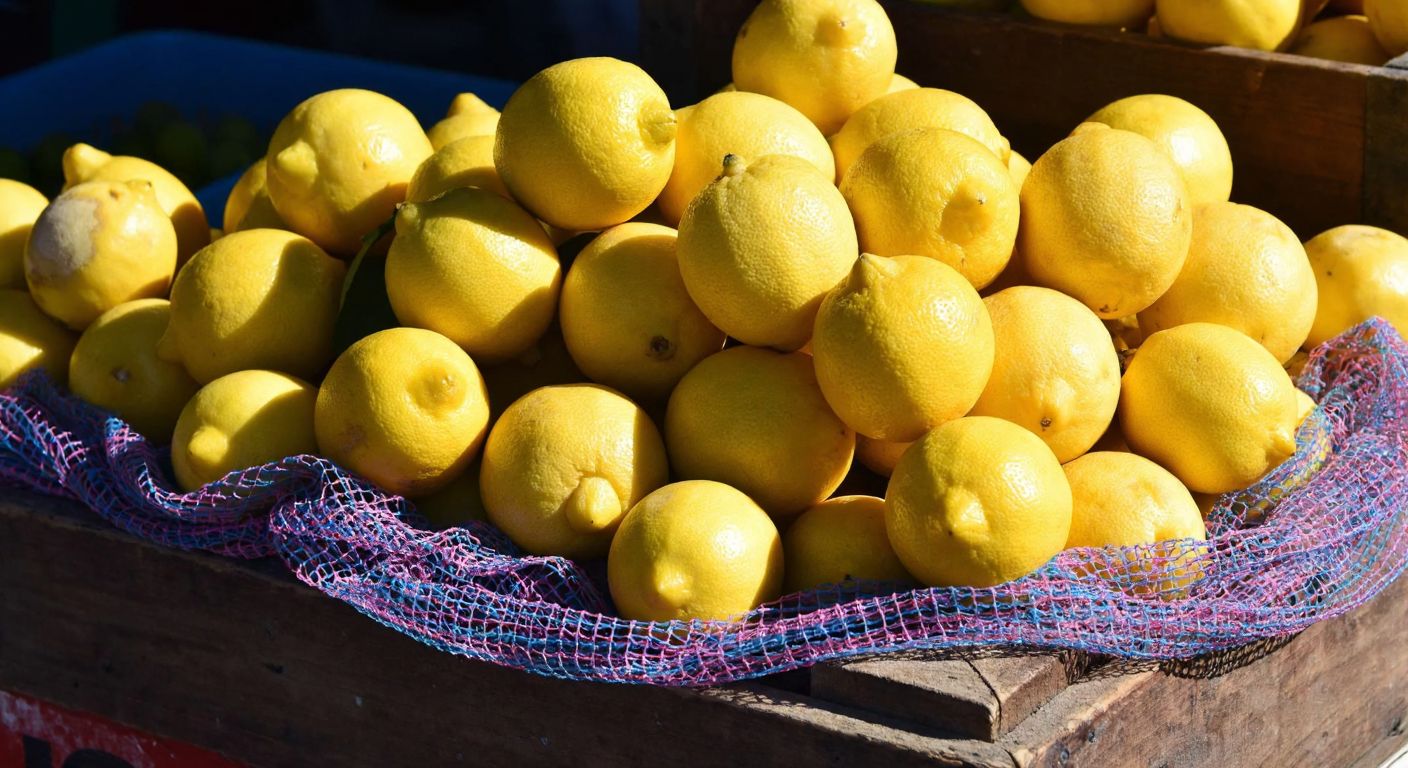 A vibrant pile of fresh yellow lemons nestled in a colorful mesh net, resting on a rustic wooden market stall in Turkey, with sunlight highlighting their glossy texture and a few loose lemons scattered nearby.