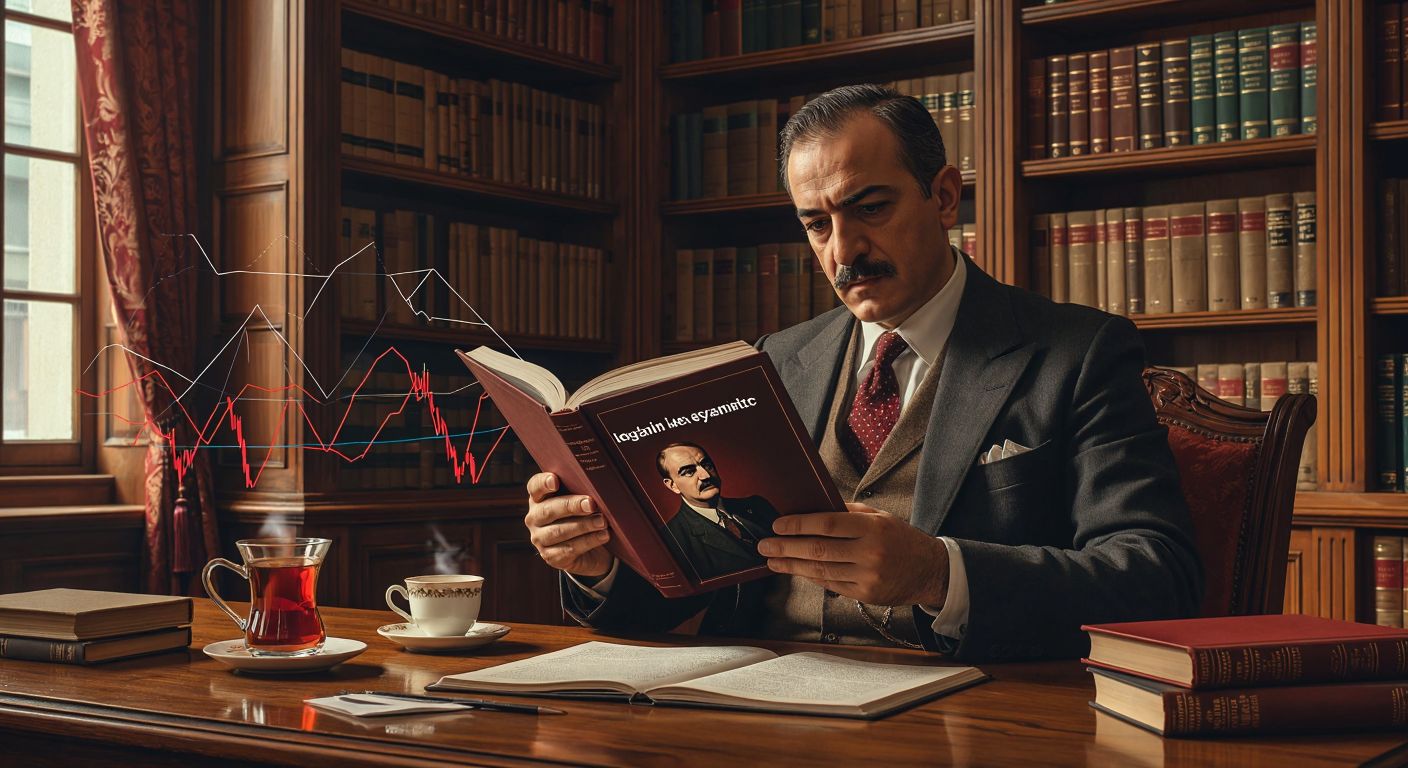 A thoughtful Turkish economist in a library, holding a book with John Maynard Keynes' portrait, surrounded by graphs showing demand curves and government spending, with a warm cup of çay on the table.