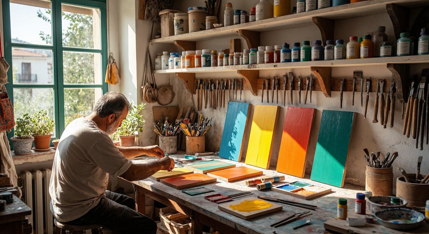 A sunlit Turkish workshop with hands carefully assembling painted wooden panels into a shelf, surrounded by scattered tools, colorful acrylic paints, and coiled rope.