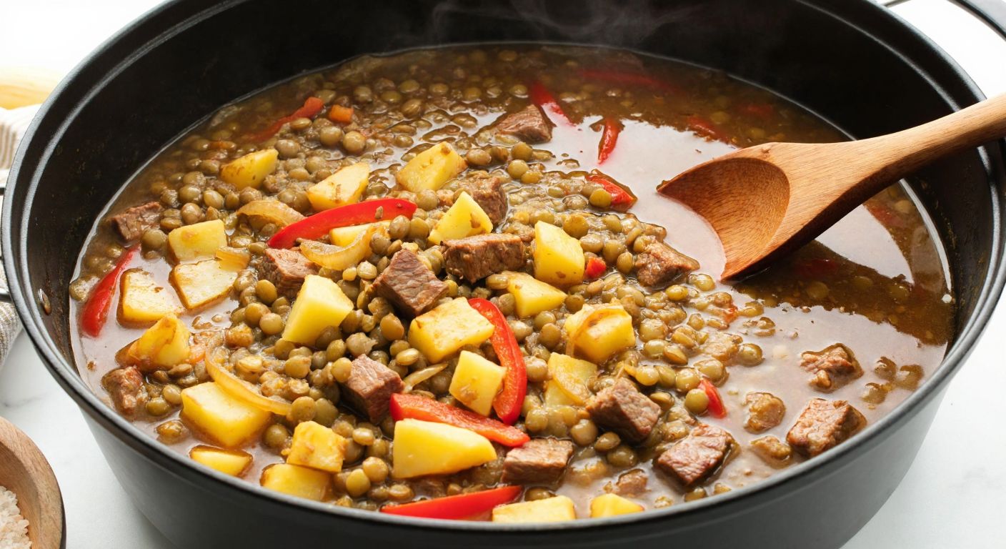 A steaming pot of green lentils and cubed meat simmering with onions, peppers, and diced potatoes in a Turkish kitchen, with a wooden spoon resting on the edge.
