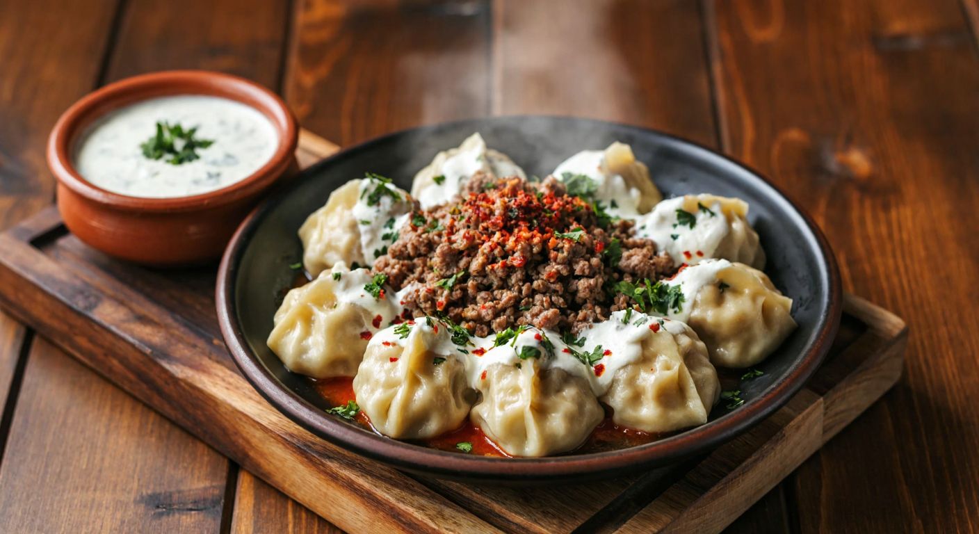 A steaming plate of Uzbek manti dumplings, filled with minced meat and onions, topped with creamy yogurt sauce and sprinkled with red pepper flakes, sumac, and fresh herbs, placed on a wooden table with a rustic clay bowl of garlic yogurt beside it.