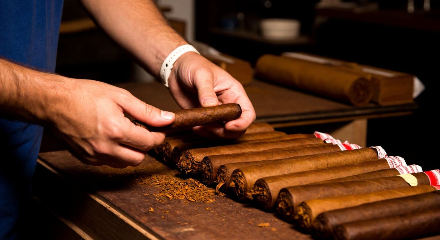 A skilled artisan’s hands carefully rolling a cigar with rich brown tobacco leaves, surrounded by neatly arranged humidors and bundles of aromatic tobacco in a warm, dimly lit workshop.