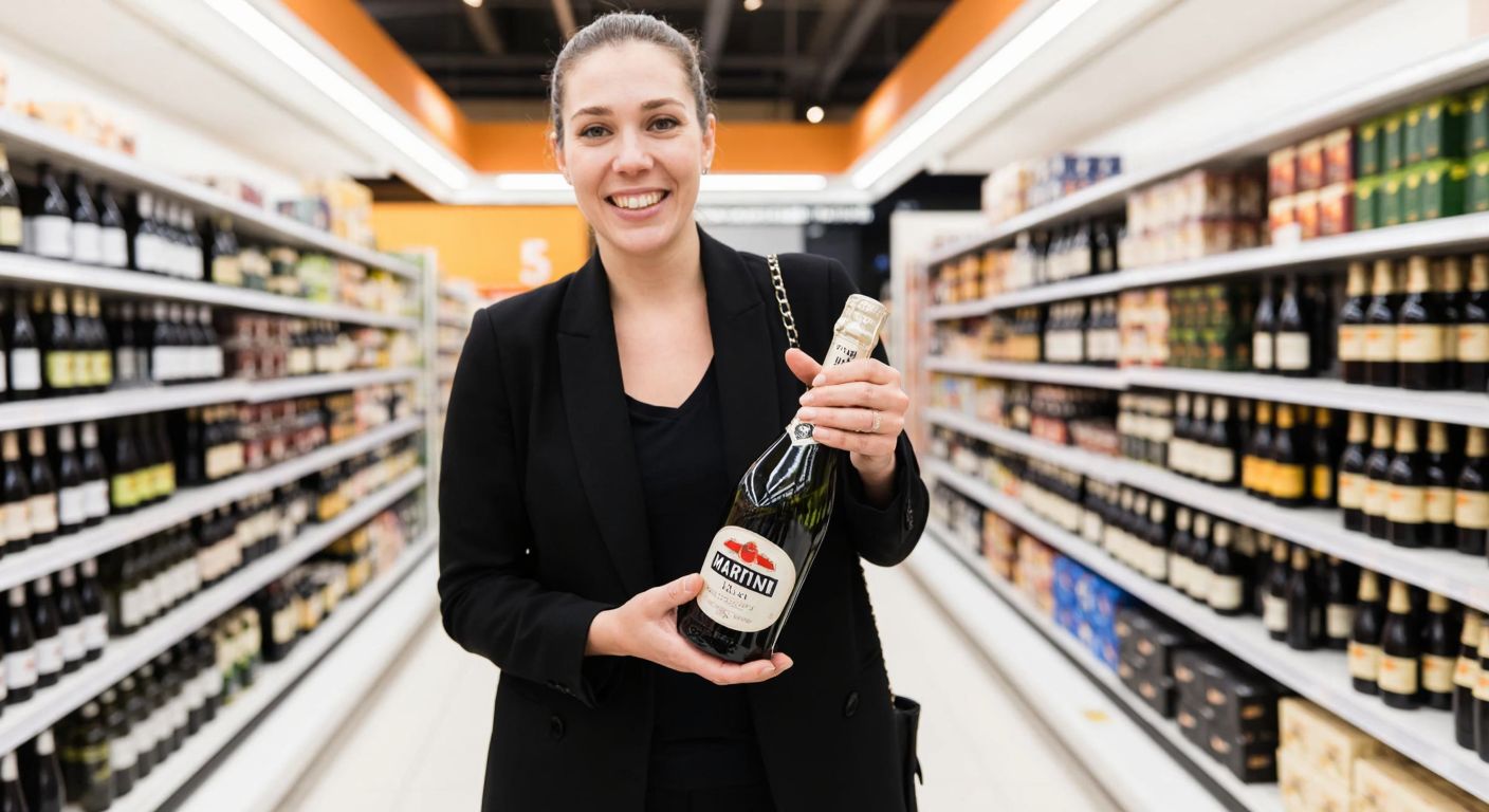 A smiling shopper in a Migros supermarket aisle holding a bottle of Martini Asti, surrounded by neatly stacked shelves of beverages under warm store lighting.