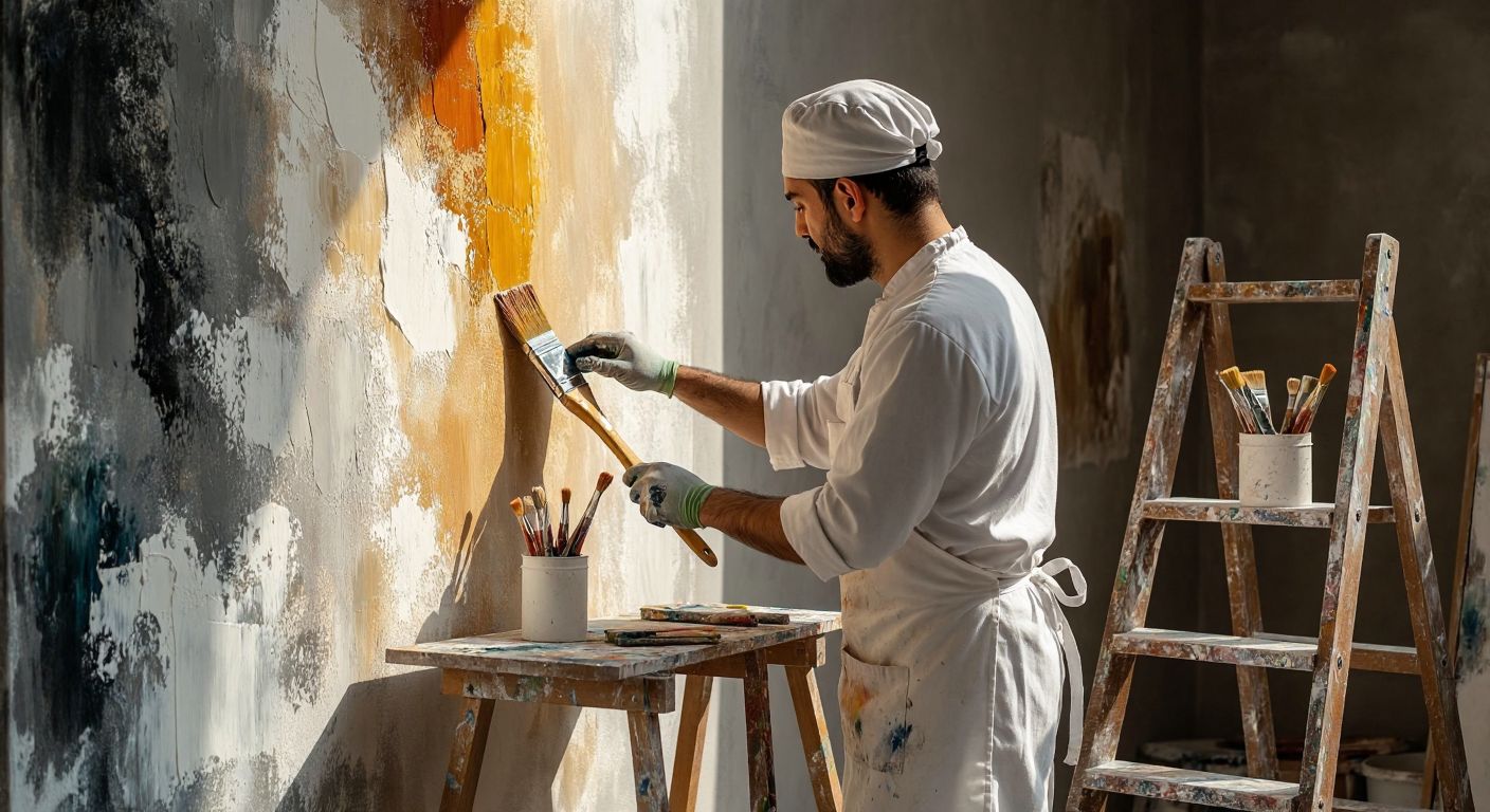 A Turkish painter in a white apron carefully applies rich, textured Italian paint to a sunlit wall using a wide brush, while a color palette and tools rest on a nearby wooden ladder.