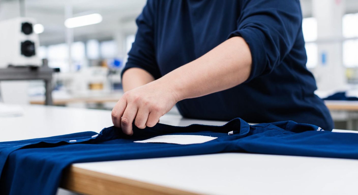 A textile factory worker in a bright workshop carefully stitching a small, smooth white fabric label onto the collar of a navy-blue cotton shirt.