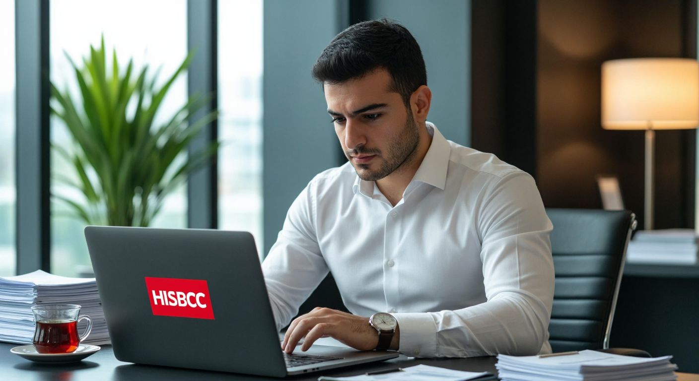 A focused Turkish businessman in a modern office, wearing a crisp white shirt, carefully comparing interest rates on a sleek laptop with HSBC's logo subtly displayed on the screen, surrounded by neatly stacked financial documents and a steaming cup of Turkish tea.