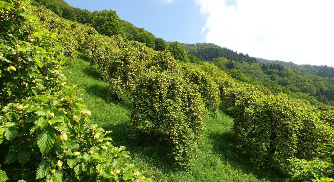 A lush green hillside in Giresun covered with hazelnut trees, their branches heavy with ripe nuts, under a bright blue sky.